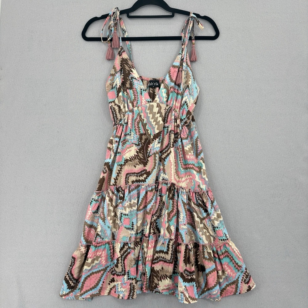 Fab'rik Dress Small Boho Sundress Multicolor Tribal Print Tie Strap Tiered